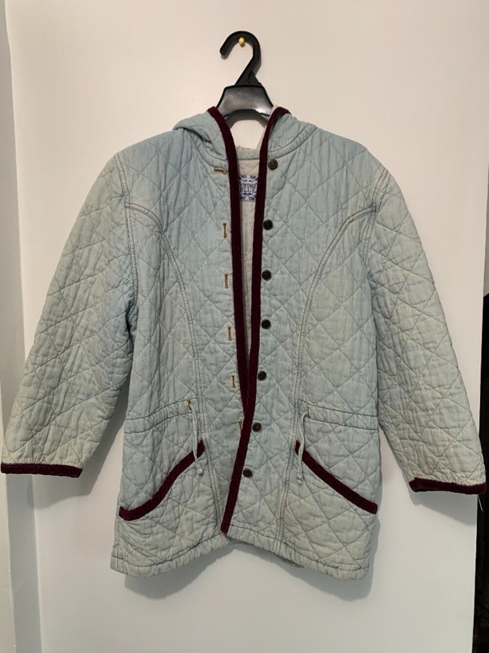 Vintage Blue Light Wash Quilted Denim Jacket Hooded Velvet Trim Boho Cottagecore